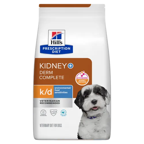 Hill's Prescription Diet k/d + Derm Complete Rice & Egg Recipe Dog Food package