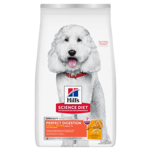 Adult 7+ Perfect Digestion Small Bites Chicken & Brown Rice Recipe Dog Food package