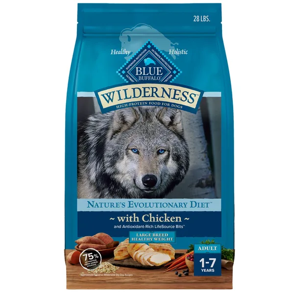 Blue Buffalo Wilderness High Protein, Chicken Large Breed Healthy Weight Adult Dry Dog Food package