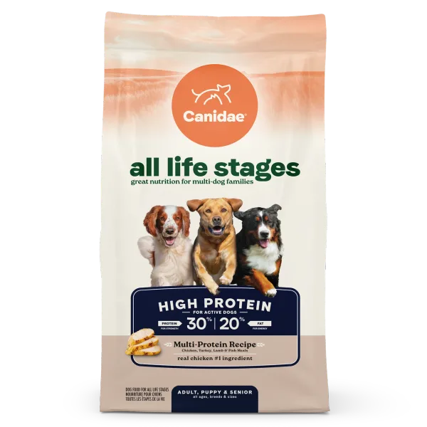 All Life Stages High Protein Dry Dog Food, Multi-Protein Recipe package