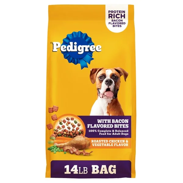 Adult Dry Dog Food with Bacon Flavored Bites, Roasted Chicken & Vegetable package