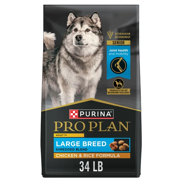Purina Pro Plan Large Breed Adult 7+ Shredded Blend Chicken & Rice Formula Senior Dry Dog Food package