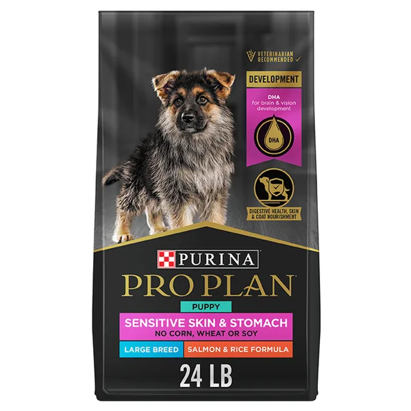 Purina Pro Plan Sensitive Skin and Stomach Large Breed Dry Puppy Food Salmon and Rice Formula package
