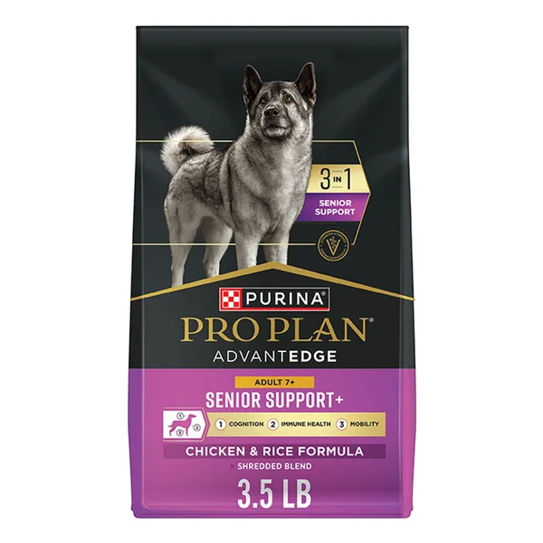 Purina Pro Plan AdvantEDGE Senior Support+ Shredded Blend Chicken and Rice Formula Dry Dog Food package