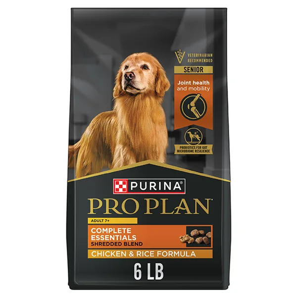Purina Pro Plan Senior Dry Dog Food With Probiotics for Dogs, Shredded Blend Chicken & Rice Formula package