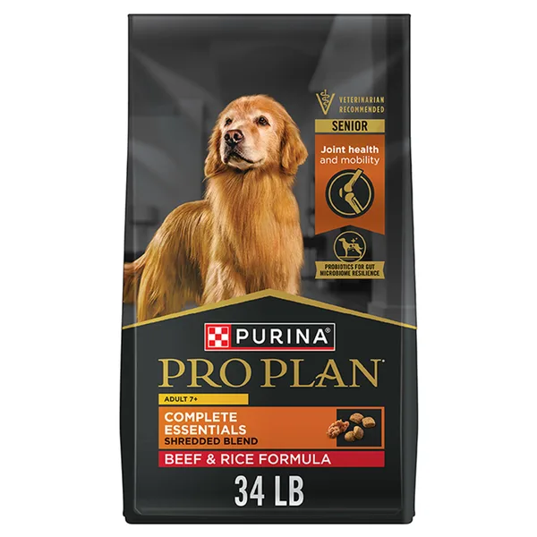 Purina Pro Plan Adult 7+ Complete Essentials Shredded Blend Beef & Rice Formula Senior Dry Dog Food package