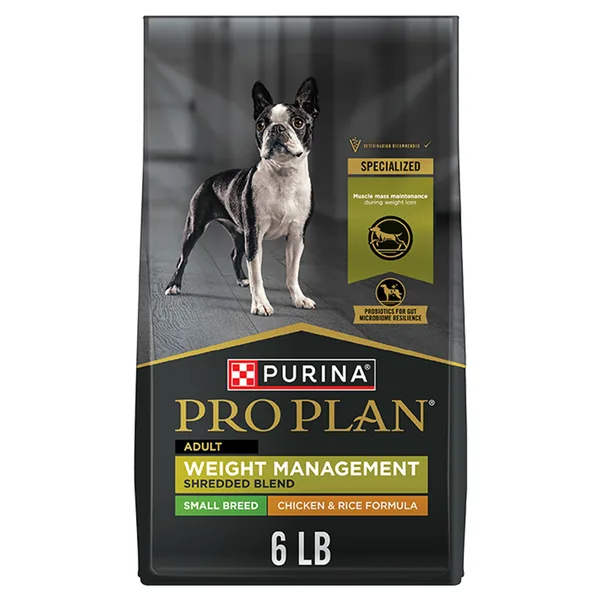 Purina Pro Plan Small Breed Weight Management Dry Dog Food, Shredded Blend Chicken and Rice Formula package