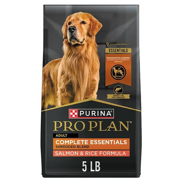 Purina Pro Plan Complete Essentials Shredded Blend Salmon and Rice Dry Dog Food Formula package