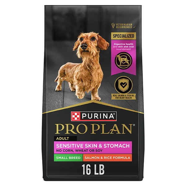 Purina Pro Plan Sensitive Skin and Stomach Dry Dog Food Small Breed, Adult Salmon & Rice Formula package