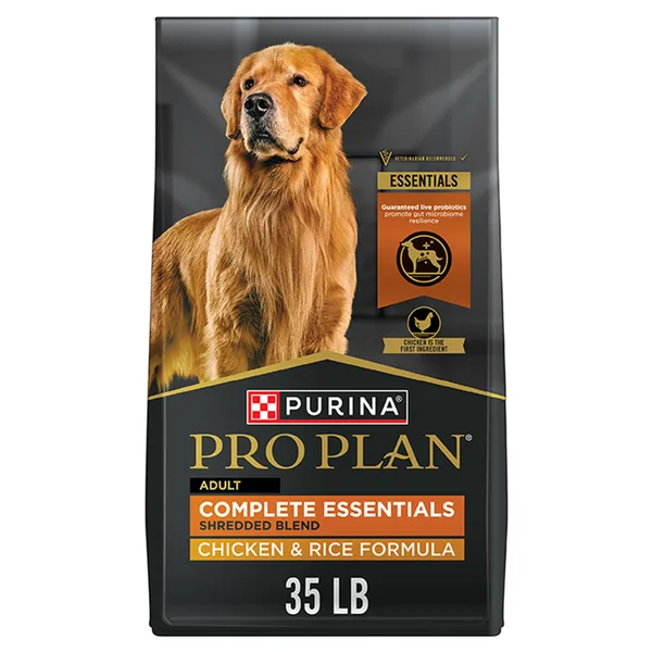 Purina Pro Plan Complete Essentials Shredded Blend Chicken and Rice Dry Dog Food Formula package