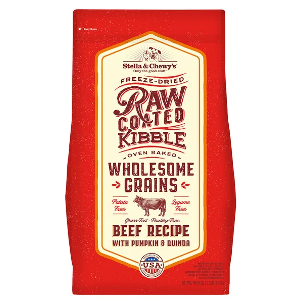 Beef Recipe with Pumpkin & Quinoa Raw Coated Kibble Wholesome Grains for Dogs package