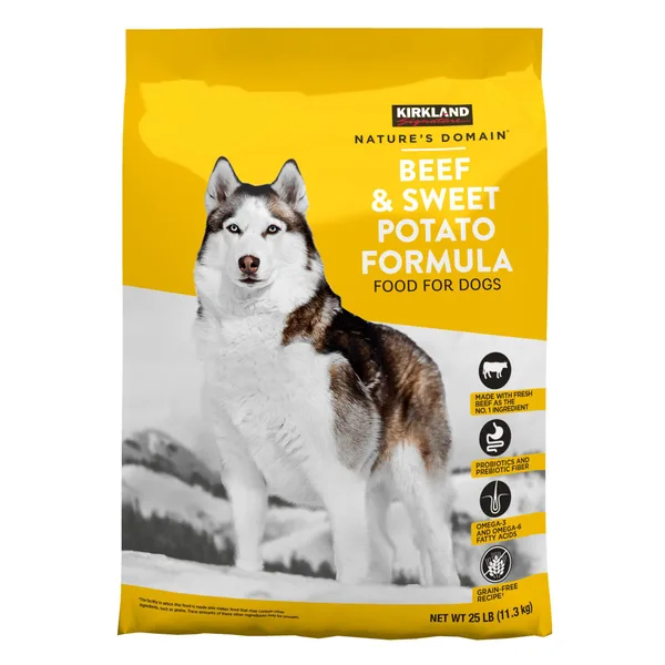 Kirkland Signature Nature's Domain Beef and Sweet Potato Dog Food package